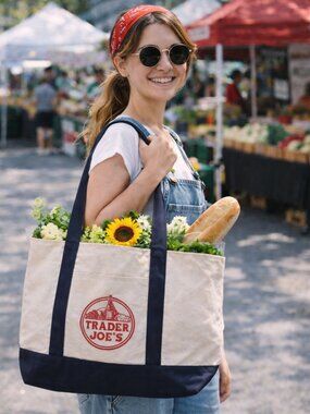 Trader Joe’s Large Cotton Canvas Tote Navy Cream Reusable Grocery Beach Bag NWT